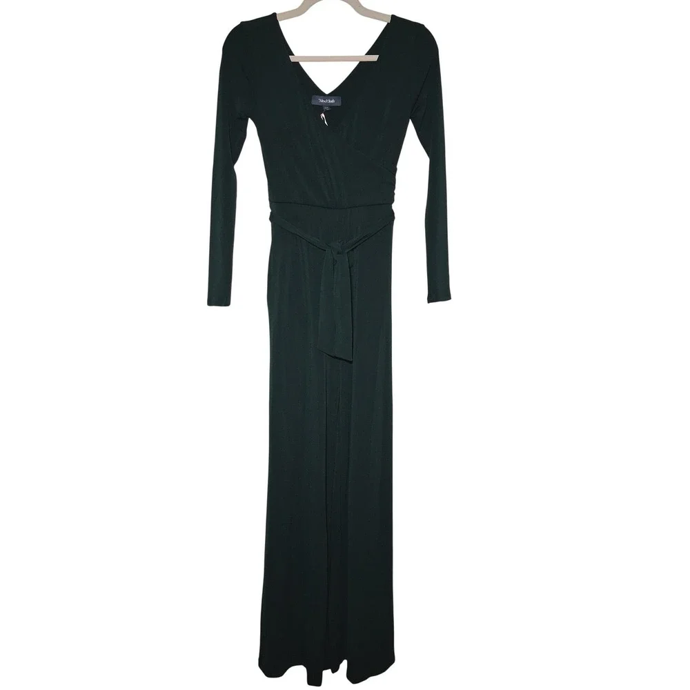 NWT ModCloth Dark Green Surplice Long Sleeve Wide Leg Jumpsuit XXS‎ Retro Party